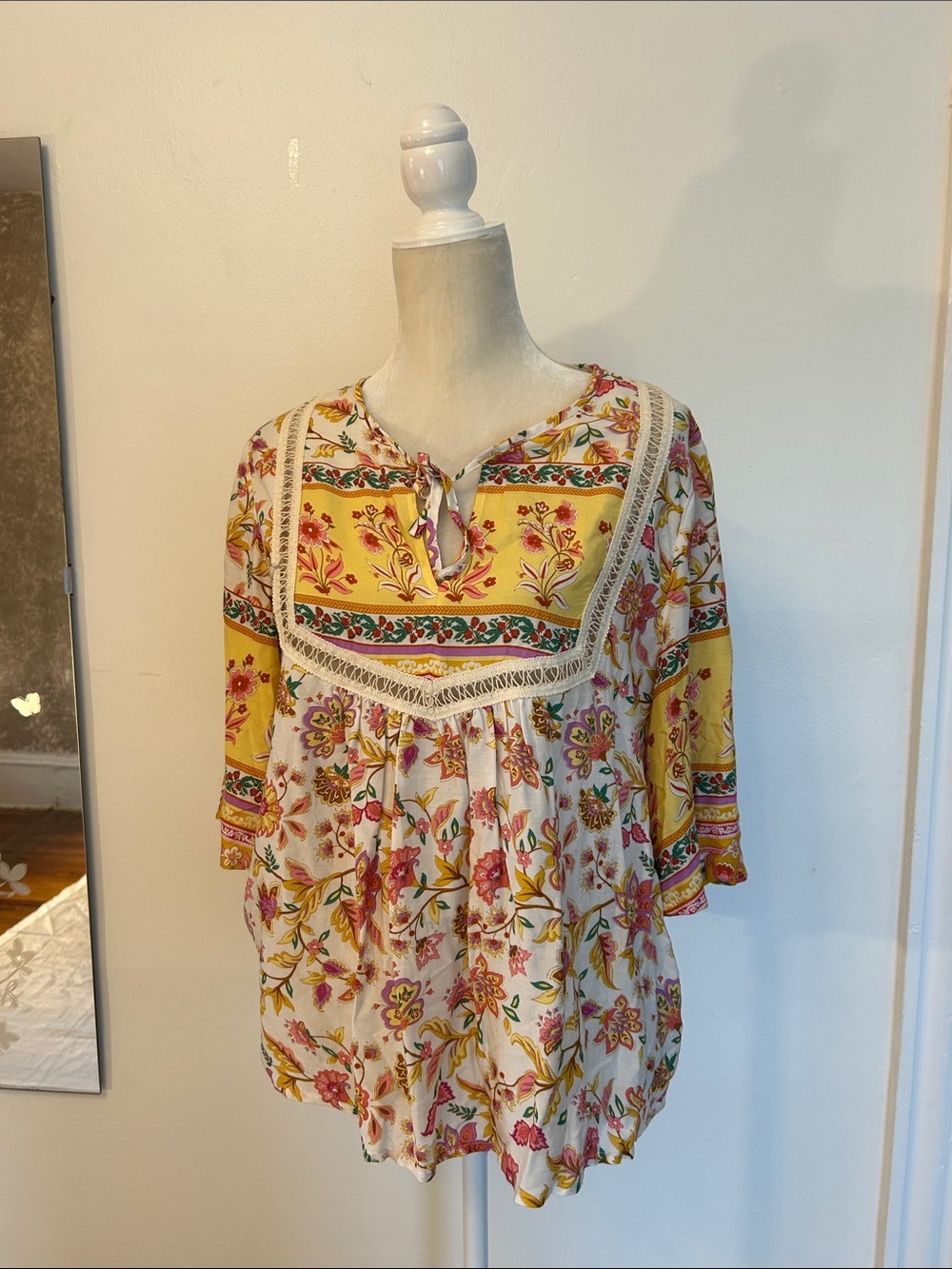 Bohemian Yellow Floral Lace-Trim Tunic Top